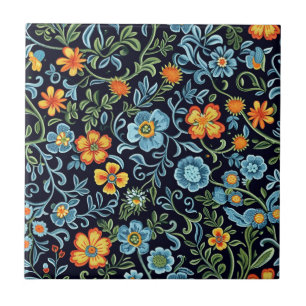 Arte Floral Intrincado: Flores Azuis e Laranjas