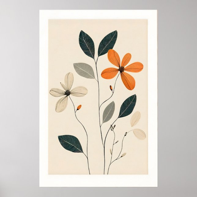 Arte Floral Minimalista Impressão Bege, Verde & La (Frente)