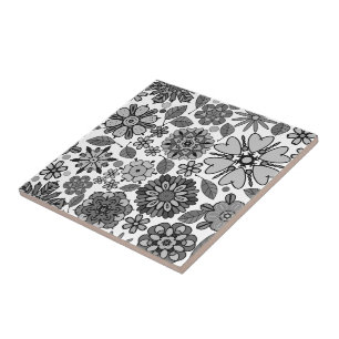 Arte Floral Retro Preto Cinza Branco Padrão Sem Co