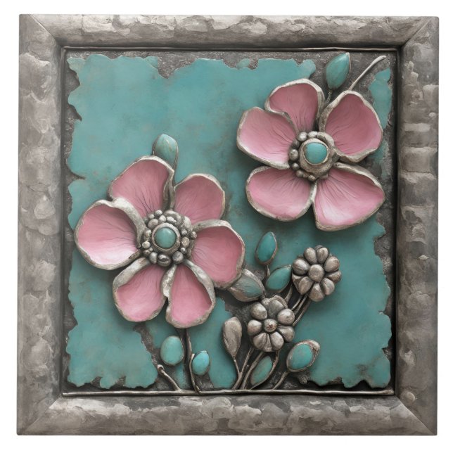 Arte floral turquesa e rosa com moldura de prata (Frente)