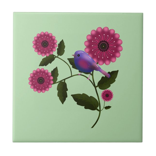 Arte Floral Vibrante de Primavera com Pássaro Roxo (Frente)