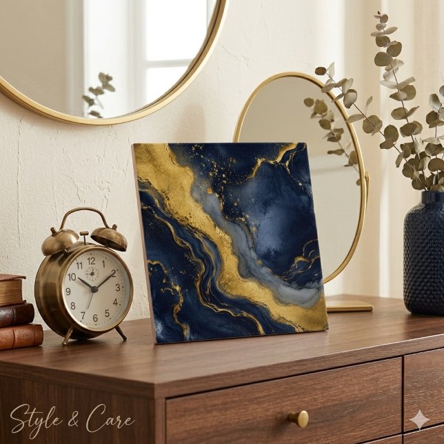Arte Fluida Abstrata de Mármore de Luxo Azul Naval (Custom Luxury Navy Gold Abstract Marble Fluid Art Ceramic Tile)
