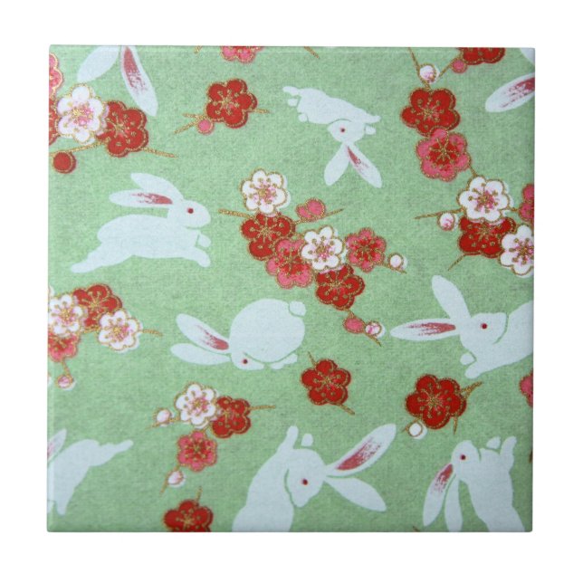 Arte Japonesa: Azulejo de Sakuras Verdes e Coelhos (Frente)