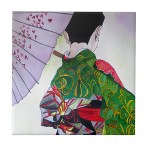 Arte japonesa Geisha com quimono e guarda-chuva