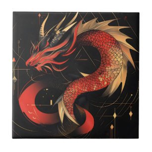 Arte Majestoso Dragão Chinês Vermelho e Dourado