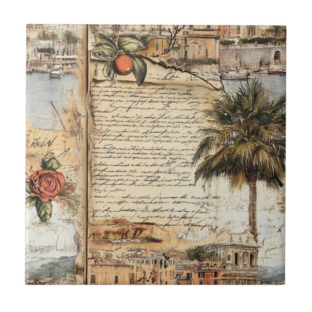Arte Mediterrâneo Antigo com Palmeira e Letra (Frente)