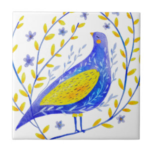 Arte Moderna de Pássaro Azul e Amarelo em Aquarela