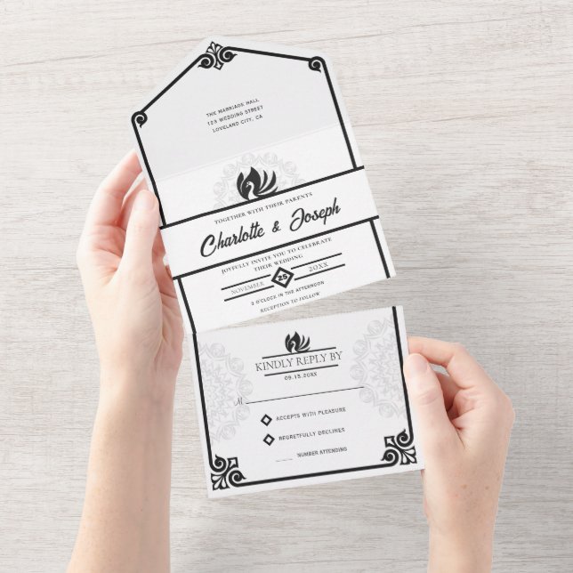 Arte Moderna Deco Swan Casamento Negro e Branco (Aba destacável)
