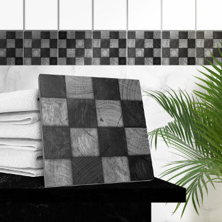 Arte Mosaica Rústica Negra e Madeira Branca Quadra