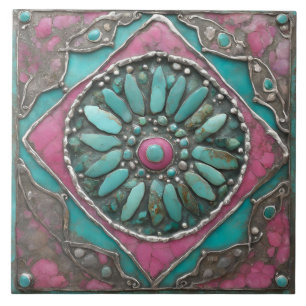 Arte Mosaico Mandala Boho Turquesa e Rosa