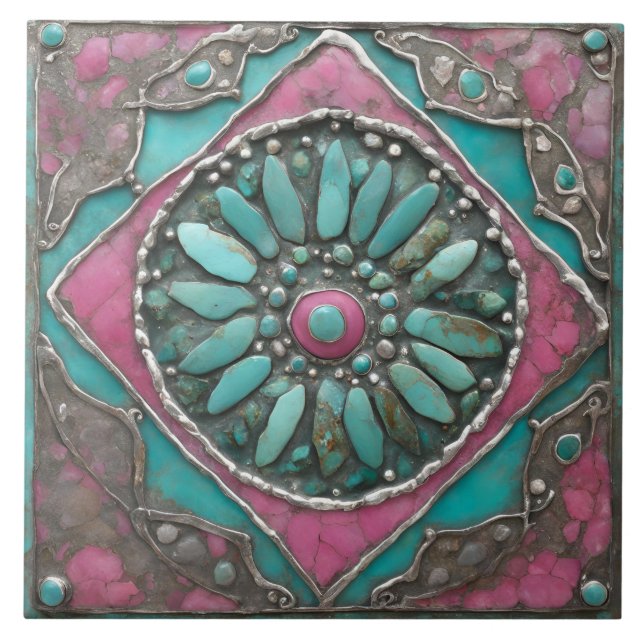 Arte Mosaico Mandala Boho Turquesa e Rosa (Frente)
