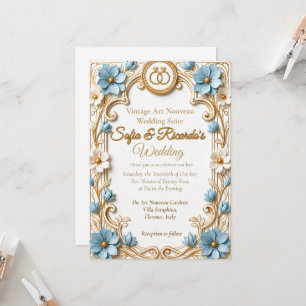 Arte Nova Antiga Azul e Dourado Convite de Casamen