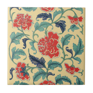 Arte Nova Antiga Chinoiserie Floral Vermelho Chinê