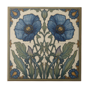 Arte Nova Antiga Papoulas Azuis Floral
