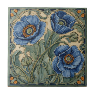 Arte Nova Antiga Papoulas Azuis Floral