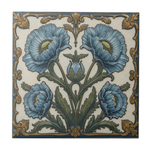 Arte Nova Antiga Papoulas Azuis Floral