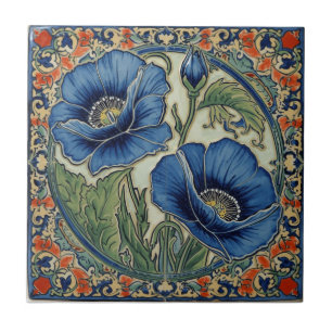 Arte Nova Antiga Papoulas Azuis Floral