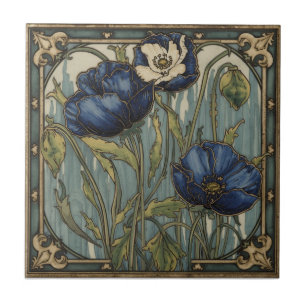 Arte Nova Antiga Papoulas Azuis Floral