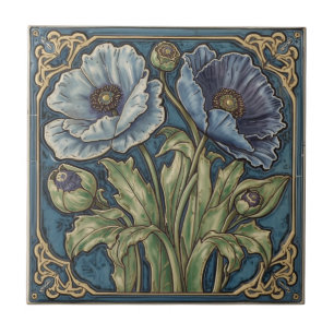 Arte Nova Antiga Papoulas Azuis Floral