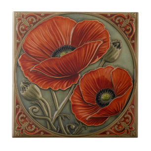 Arte Nova Antiga Papoulas Vermelhas Floral