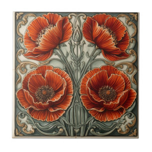Arte Nova Antiga Papoulas Vermelhas Floral