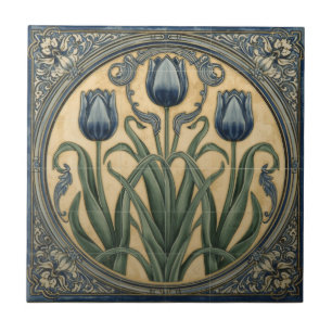 Arte Nova Antiga Tulipas Azuis Floral