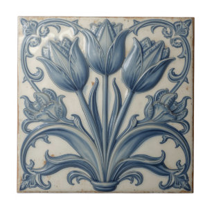 Arte Nova Antiga Tulipas Azuis Floral