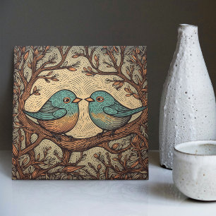 Arte Nova Azul Desbotado Amor de Pássaros Vintage