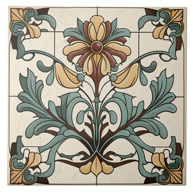 Arte Nova Floral em Verde Água e Ocre (The complete printed tile design. Tiles sold individually.)