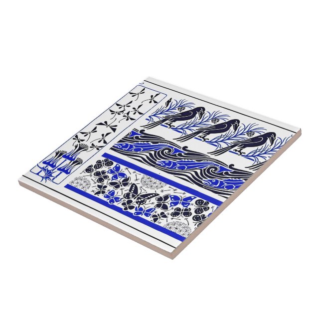 arte padrão de borboleta peixe pássaros azul e pre (Lateral)