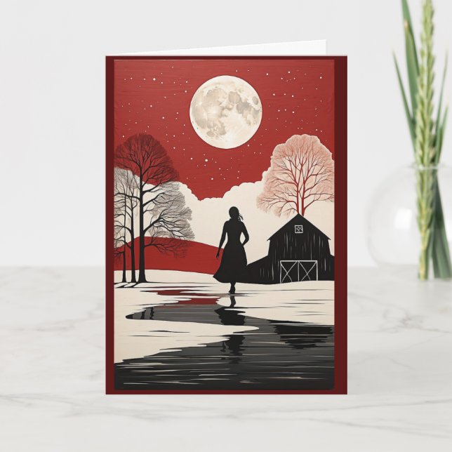 Arte Popular Cartão de Natal Mulher Lua Cheia Rúst (Frente)