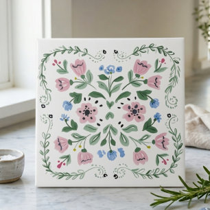 Arte Popular Floral Decorativa Rosa, Verde e Azul