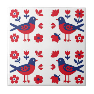Arte Popular Padrão Floral Pássaro Azul Vermelho
