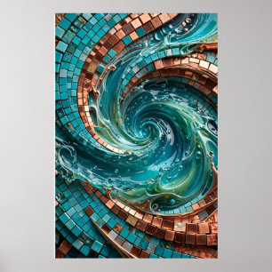 Arte Poster Mosaico de Onda Turquesa e Verde Água