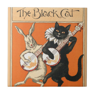 Arte Retro de um Gato Laranja e um Coelho Branco c