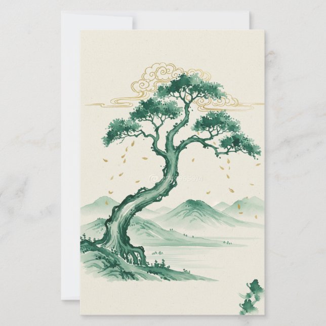 Arte Sumi-e Tinta Lavada Verde e Dourado (Frente)