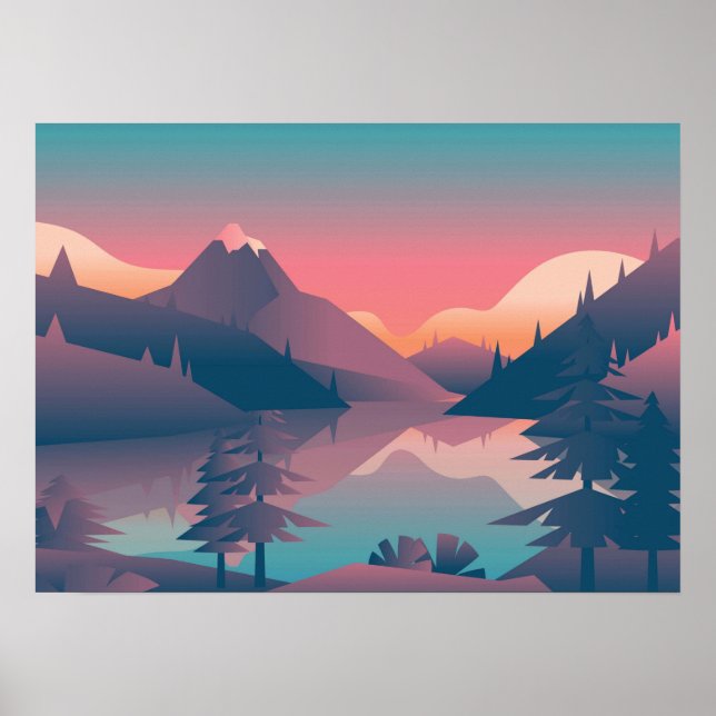 Arte - Sunset com montanhas e árvores - Poster (Frente)