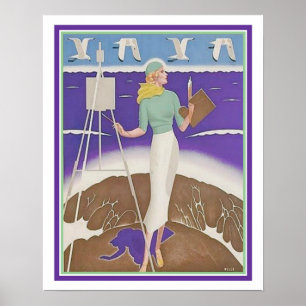 "Artista na praia" Will Welsh Deco Impressão 16x20