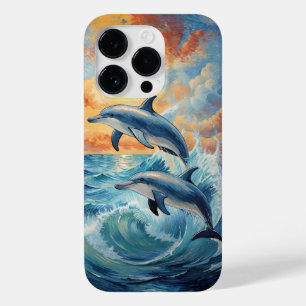 Artístico Dois Golfinhos Saltantes Oceano Sunset