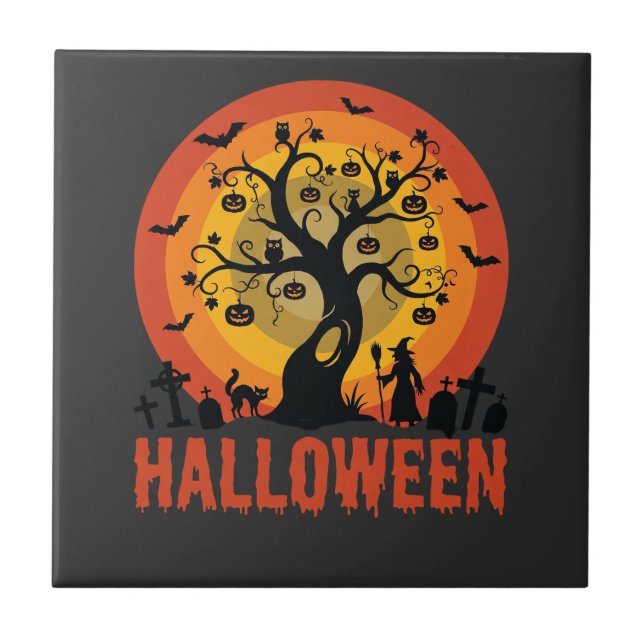 Árvore Assombrada de Halloween Bruxa e Gatos Preto (Frente)