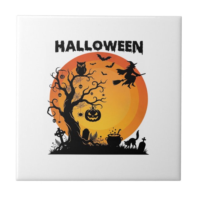 Árvore Assustadora de Halloween Bruxa Voadora Lua  (Frente)