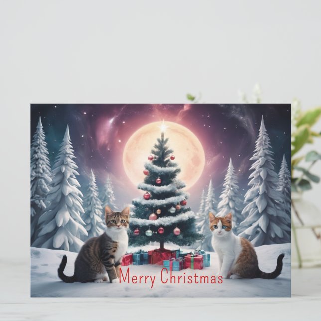 Árvore de Natal coberta por neve com gatos (Em pé/Frente)
