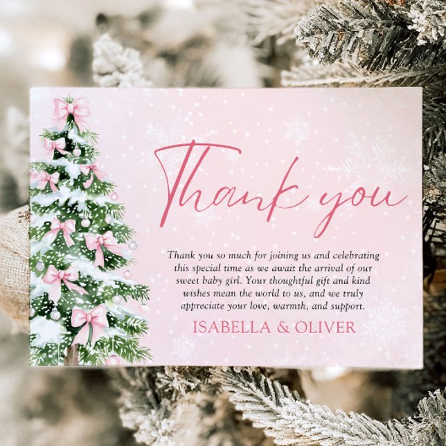 Árvore de Natal com Laços Rosa Cartão de agradecim (Pink Bows Christmas Tree Winter Thank you card)
