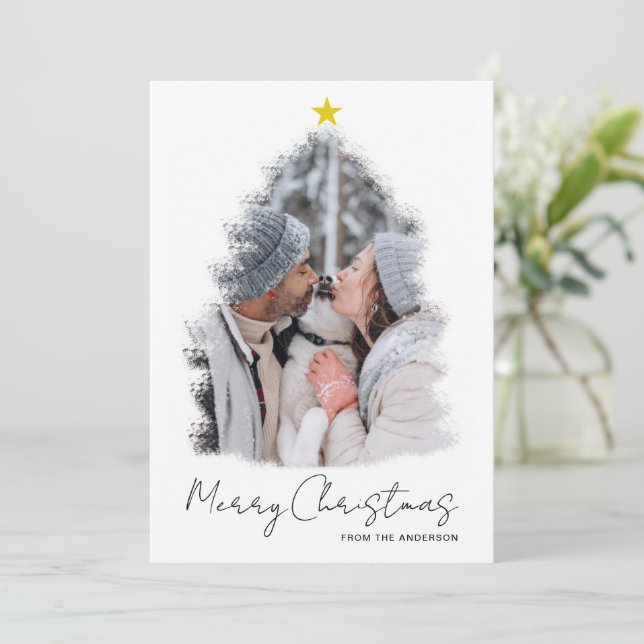 Árvore de Natal Com Quadro de Estrela Foto Cartão  (Em pé/Frente)