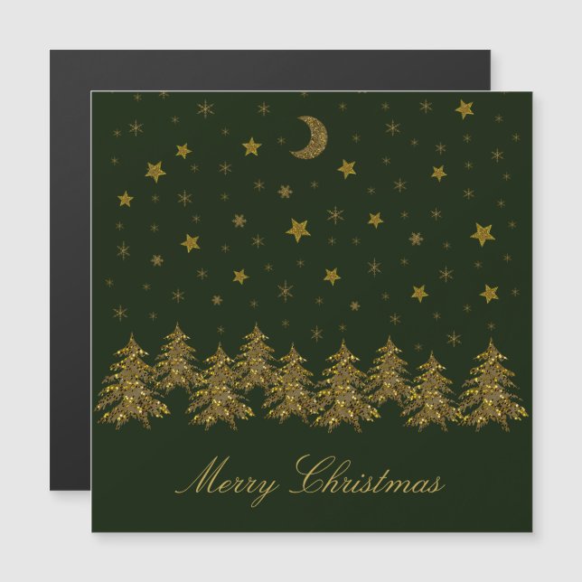 Árvore de Natal dourada brilhante, lua, estrelas e (Frente/Verso)