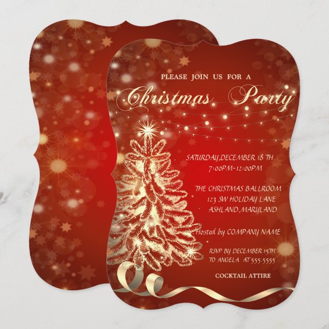 Árvore de Natal Dourada, Convite para Festa Corpor (Frente/Verso)
