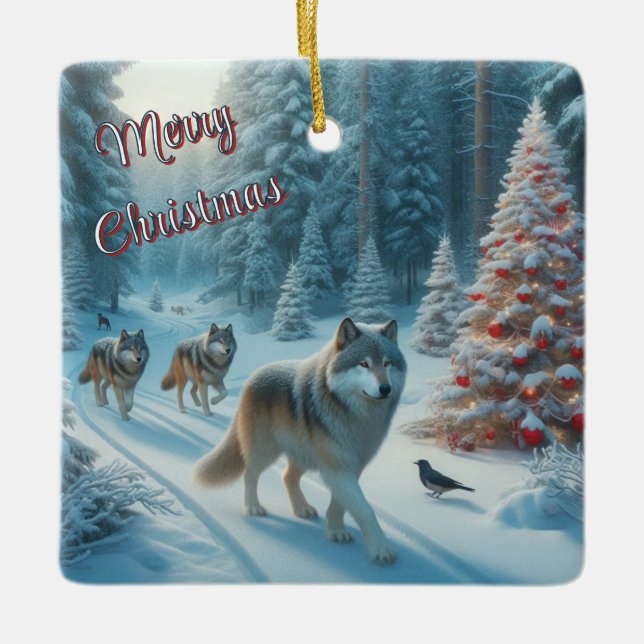 Árvore de Natal e Lobos na Neve Enfeite (Frente)
