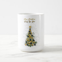 Árvore de Natal elegante em ouro, caneca de café