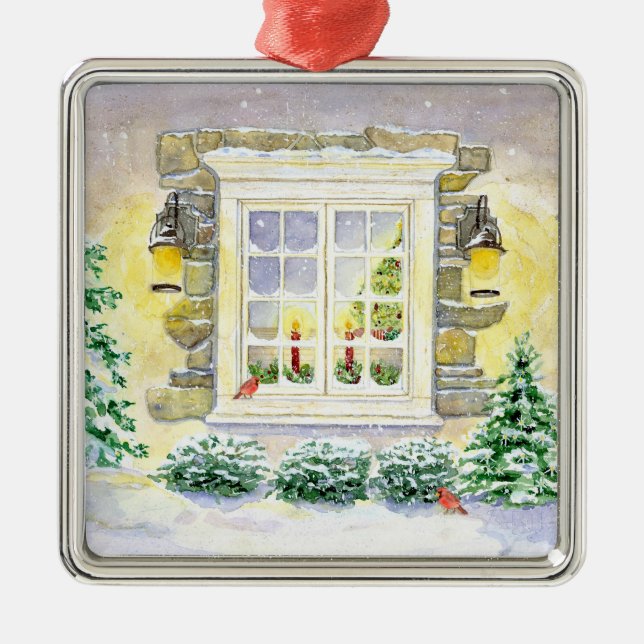 Árvore de Natal na Janela com Ornamento de Cardina (Frente)