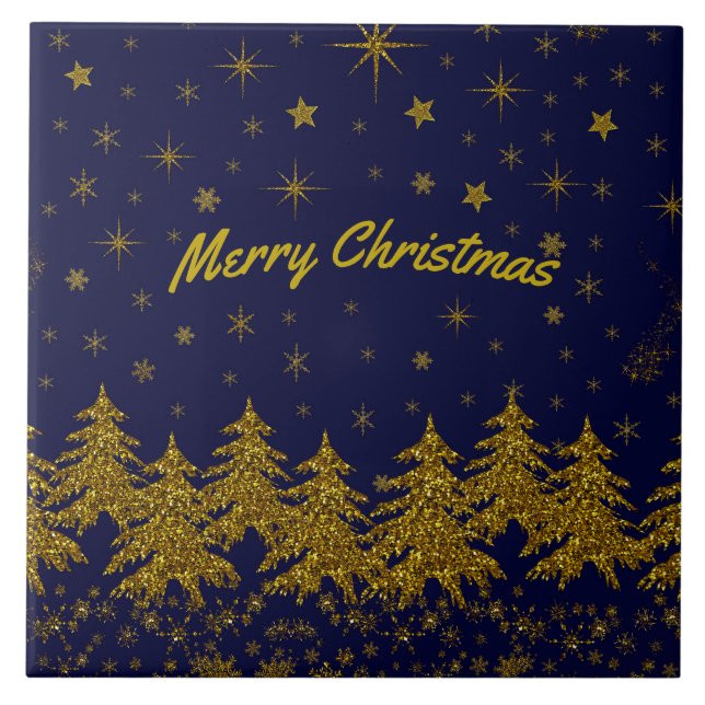 Árvore de Natal pouco Dourada, estrelas, neve em a (Frente)